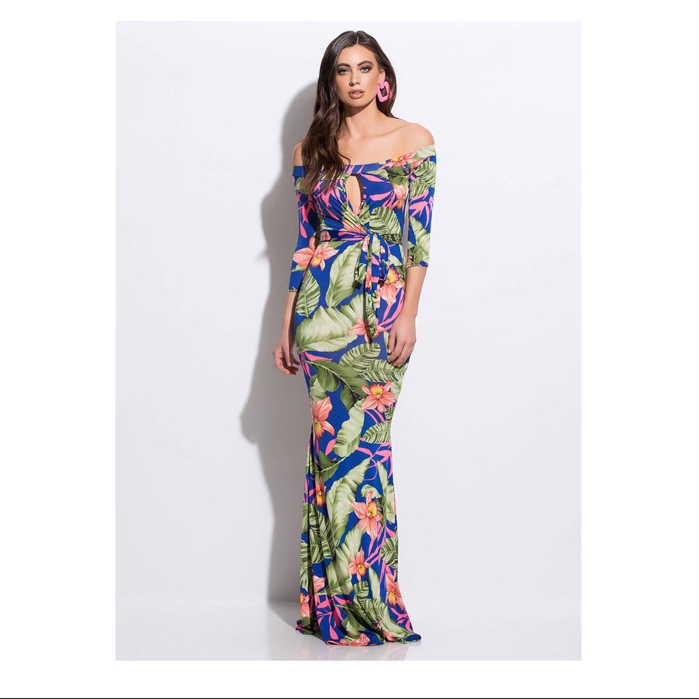 TROPICAL FLOWER OFF-SHOULDER MAXI DRESS